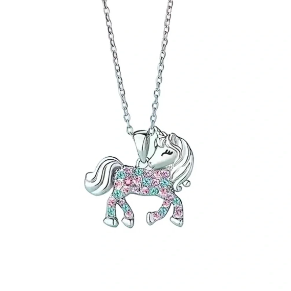 Pink Blue & Purple Unicorn Silver Toned Necklace - Picture 2 of 3